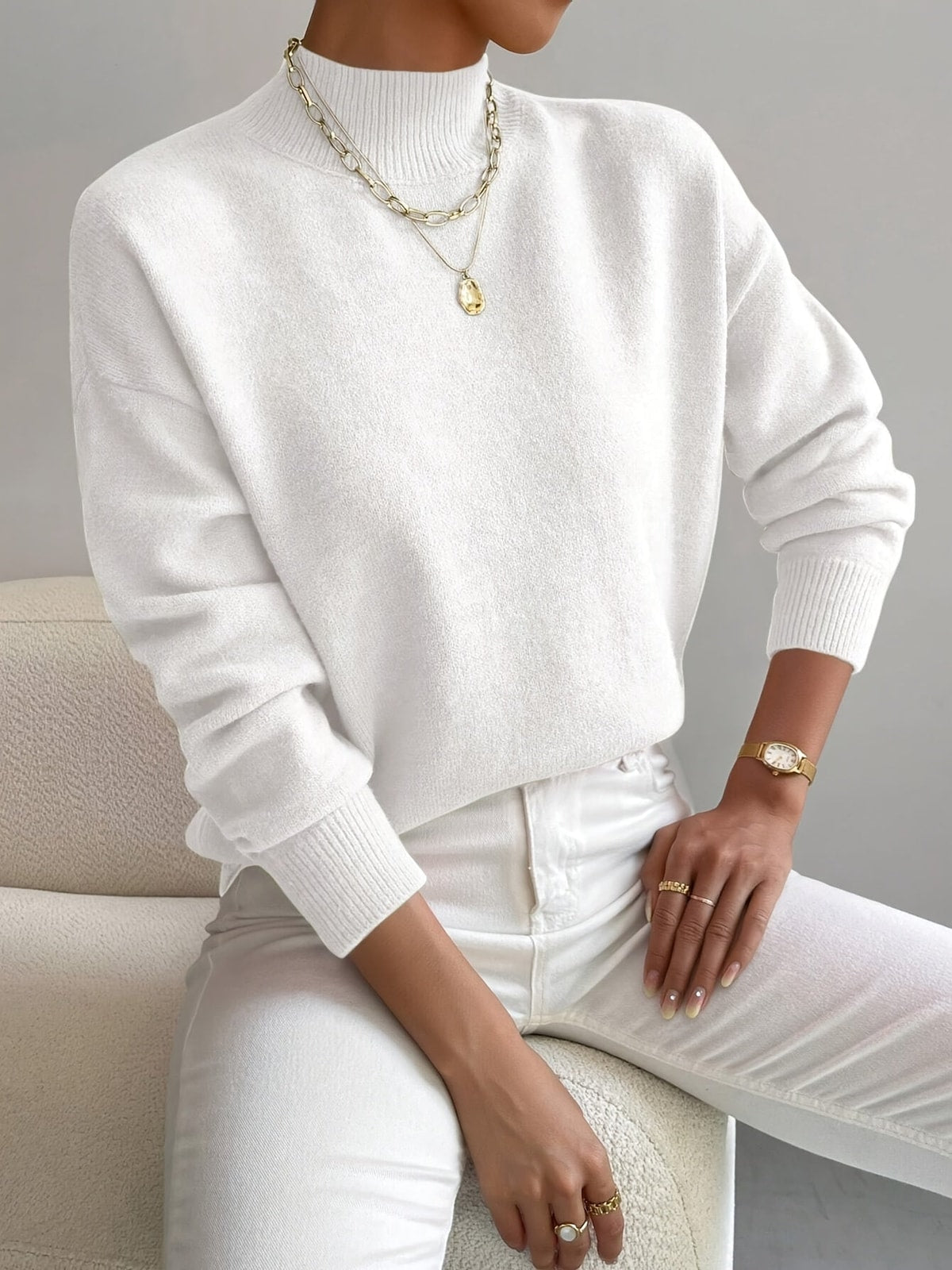 Women's Knit Jumper with High Neck and Ribbed Cuffs