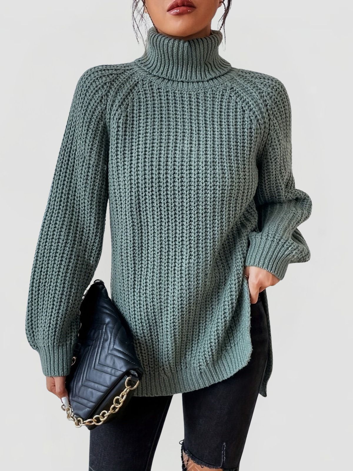 Women's Knit Turtleneck Jumper with Long Sleeves and Side Splits