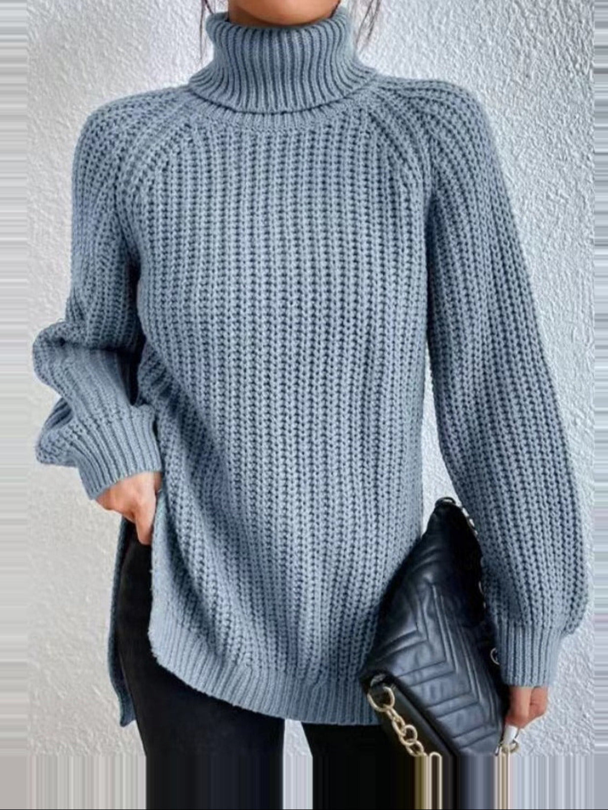 Women's Knit Turtleneck Jumper with Long Sleeves and Side Splits