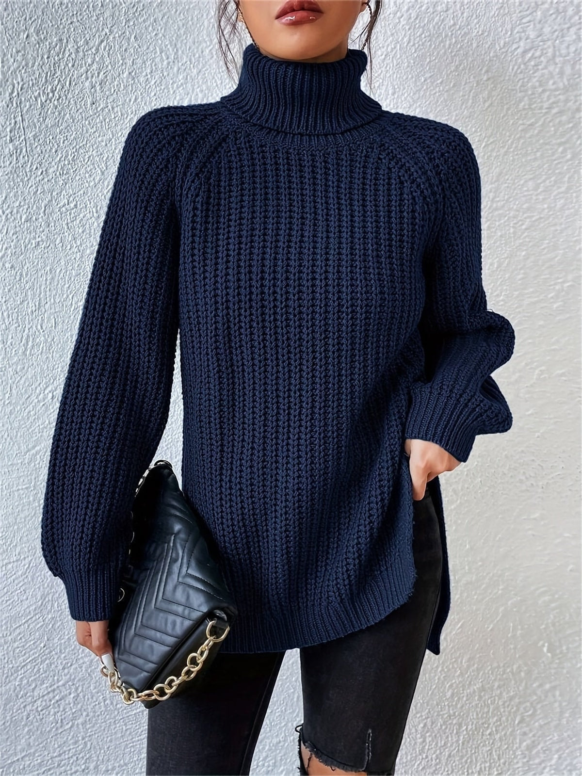 Women's Knit Turtleneck Jumper with Long Sleeves and Side Splits