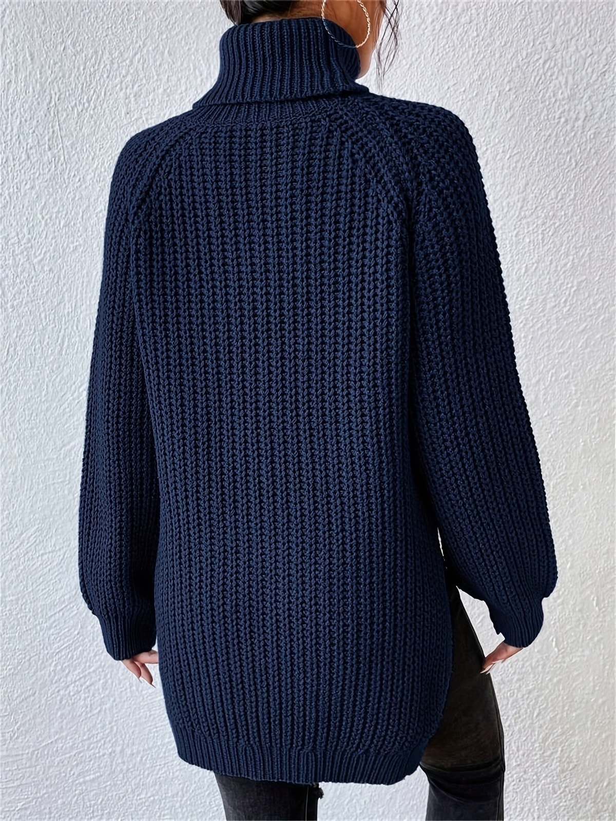 Women's Knit Turtleneck Jumper with Long Sleeves and Side Splits