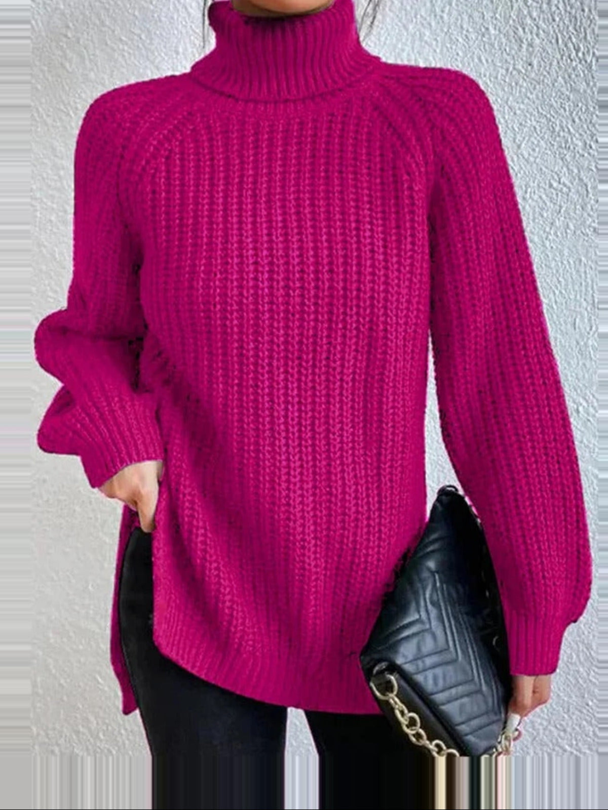 Women's Knit Turtleneck Jumper with Long Sleeves and Side Splits