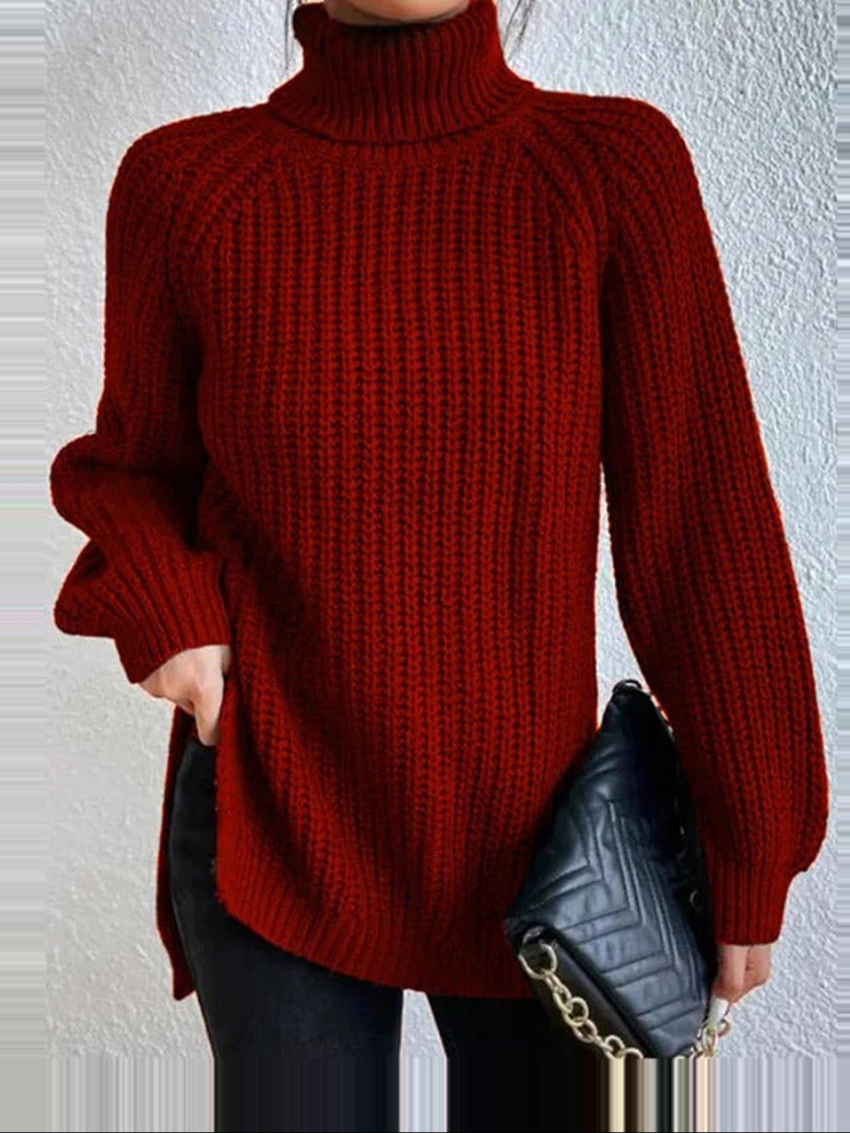 Women's Knit Turtleneck Jumper with Long Sleeves and Side Splits