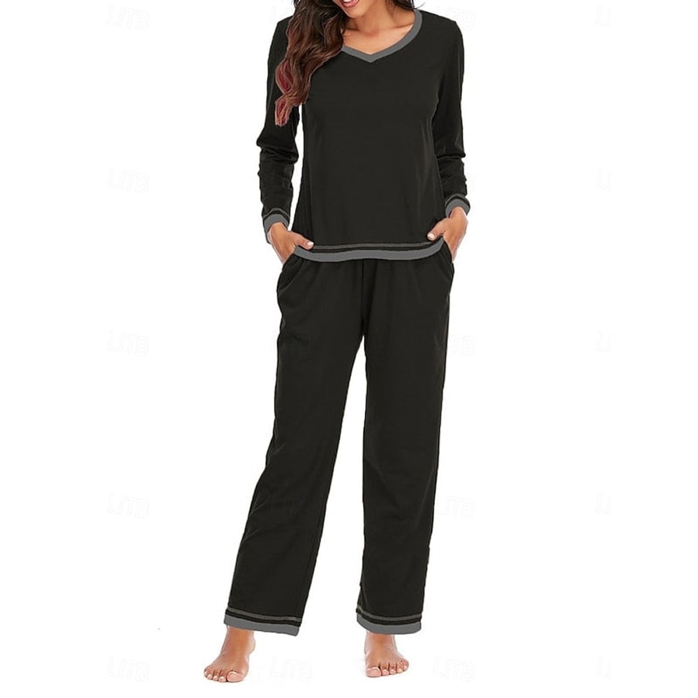Women's Pyjama Set with V-Neck and Contrast Trim