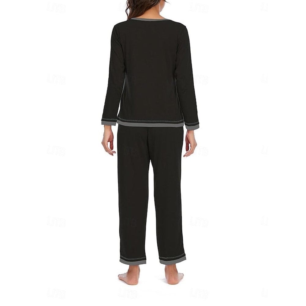 Women's Pyjama Set with V-Neck and Contrast Trim