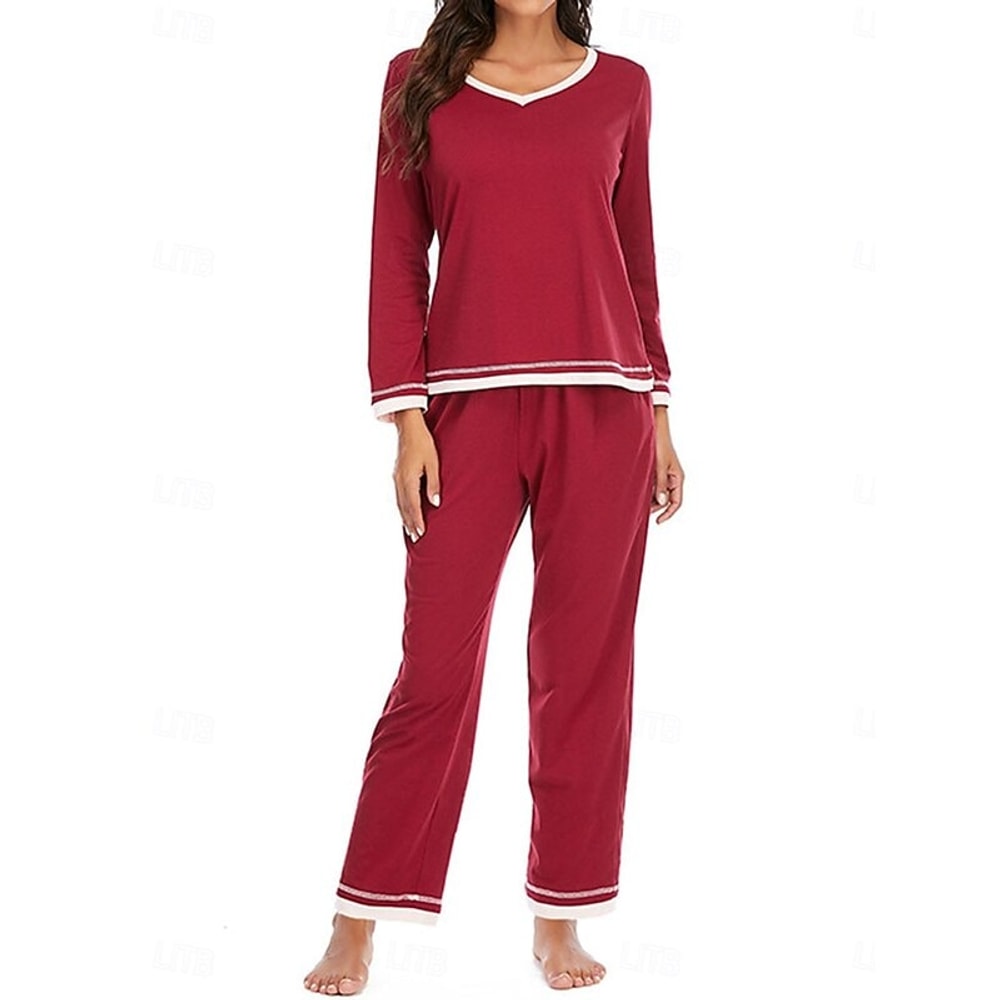 Women's Pyjama Set with V-Neck and Contrast Trim
