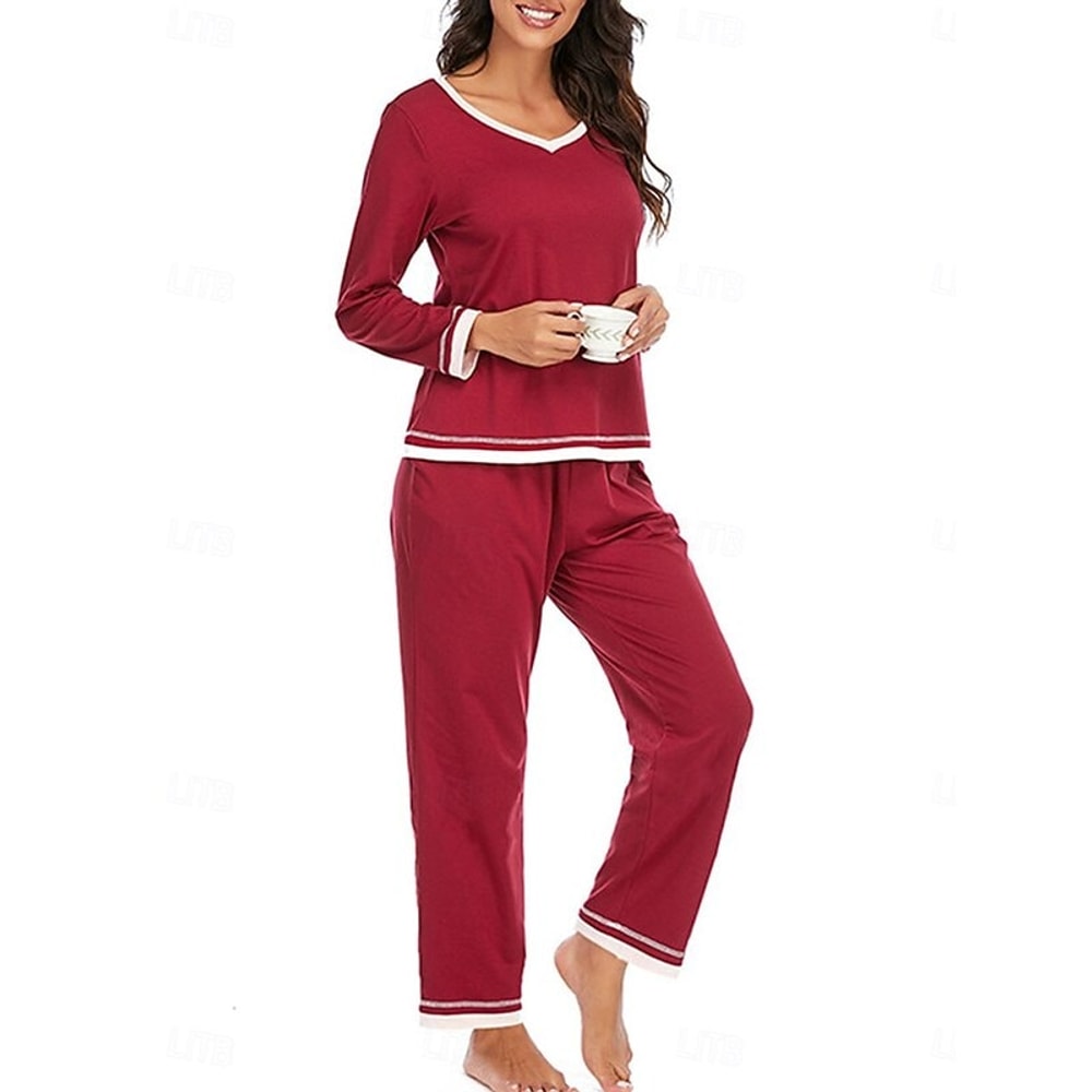 Women's Pyjama Set with V-Neck and Contrast Trim