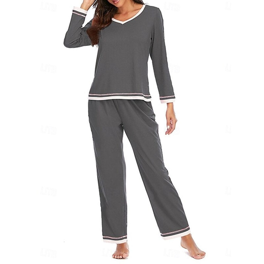 Women's Pyjama Set with V-Neck and Contrast Trim