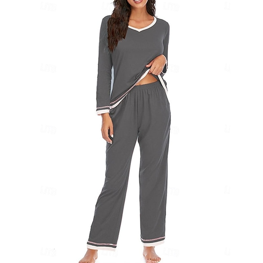 Women's Pyjama Set with V-Neck and Contrast Trim
