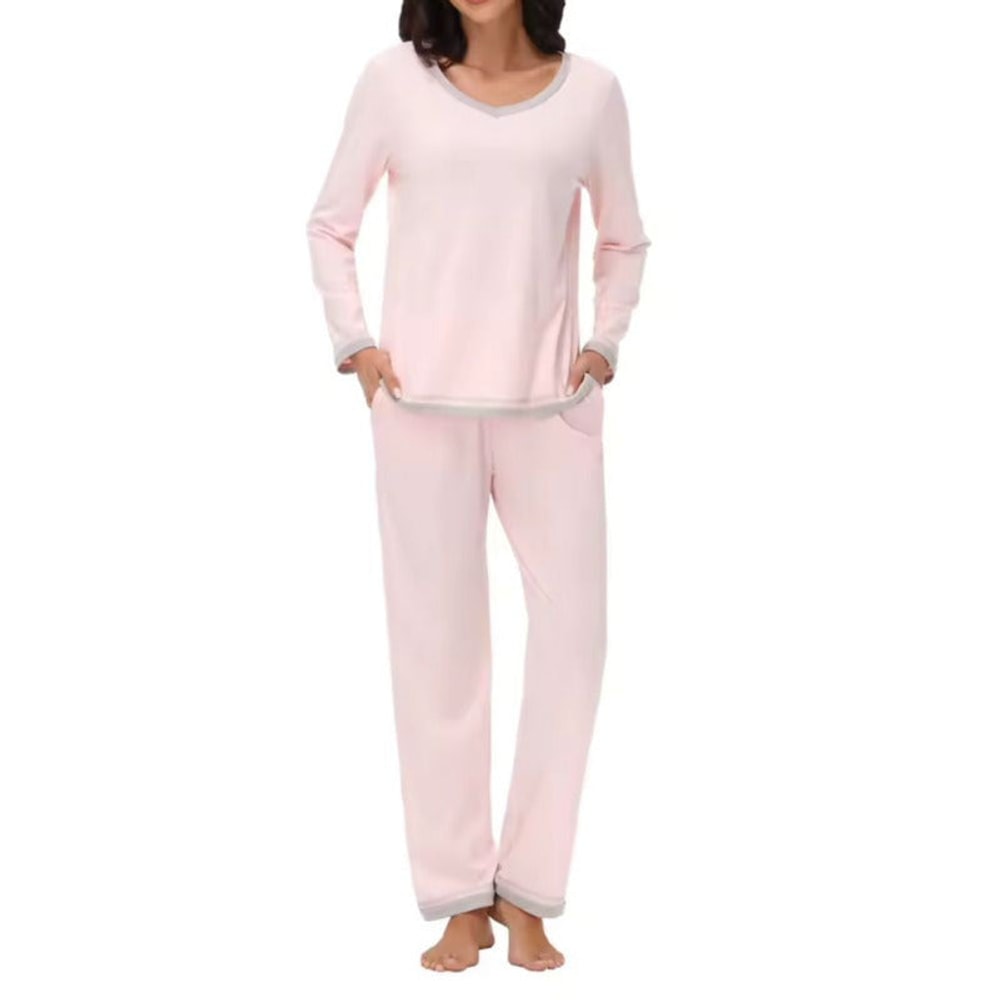Women's Pyjama Set with V-Neck and Contrast Trim