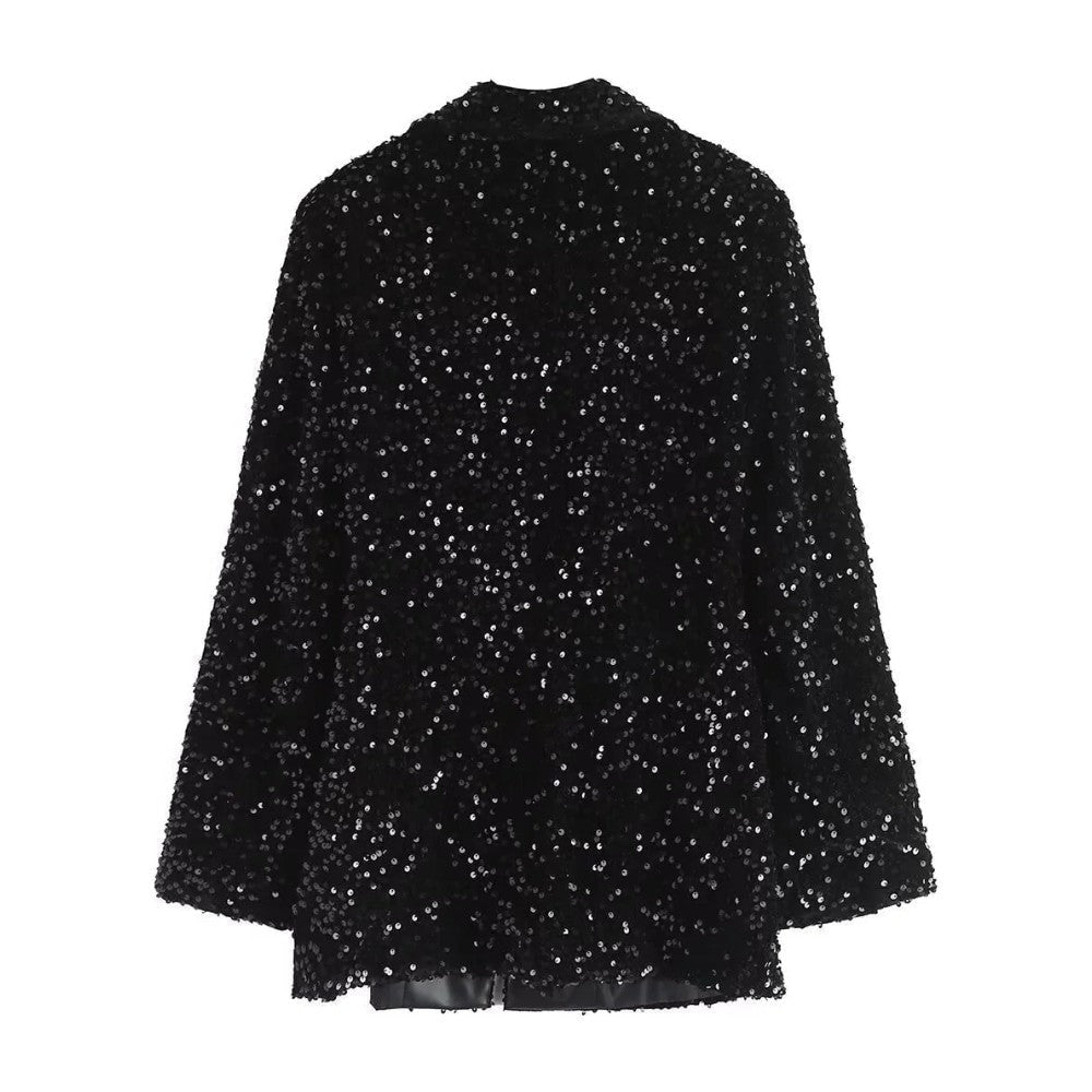 Women's Sequin Blazer with Lapel Collar and Belt