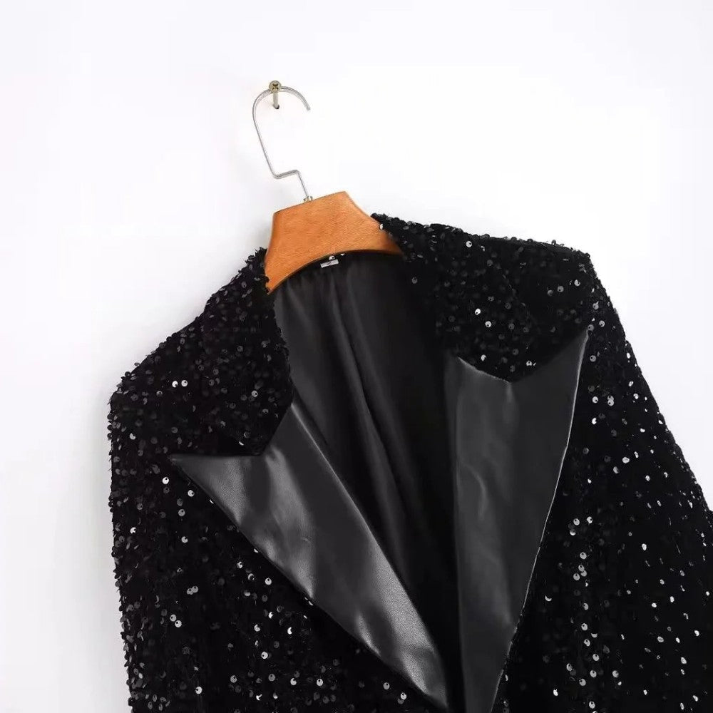 Women's Sequin Blazer with Lapel Collar and Belt