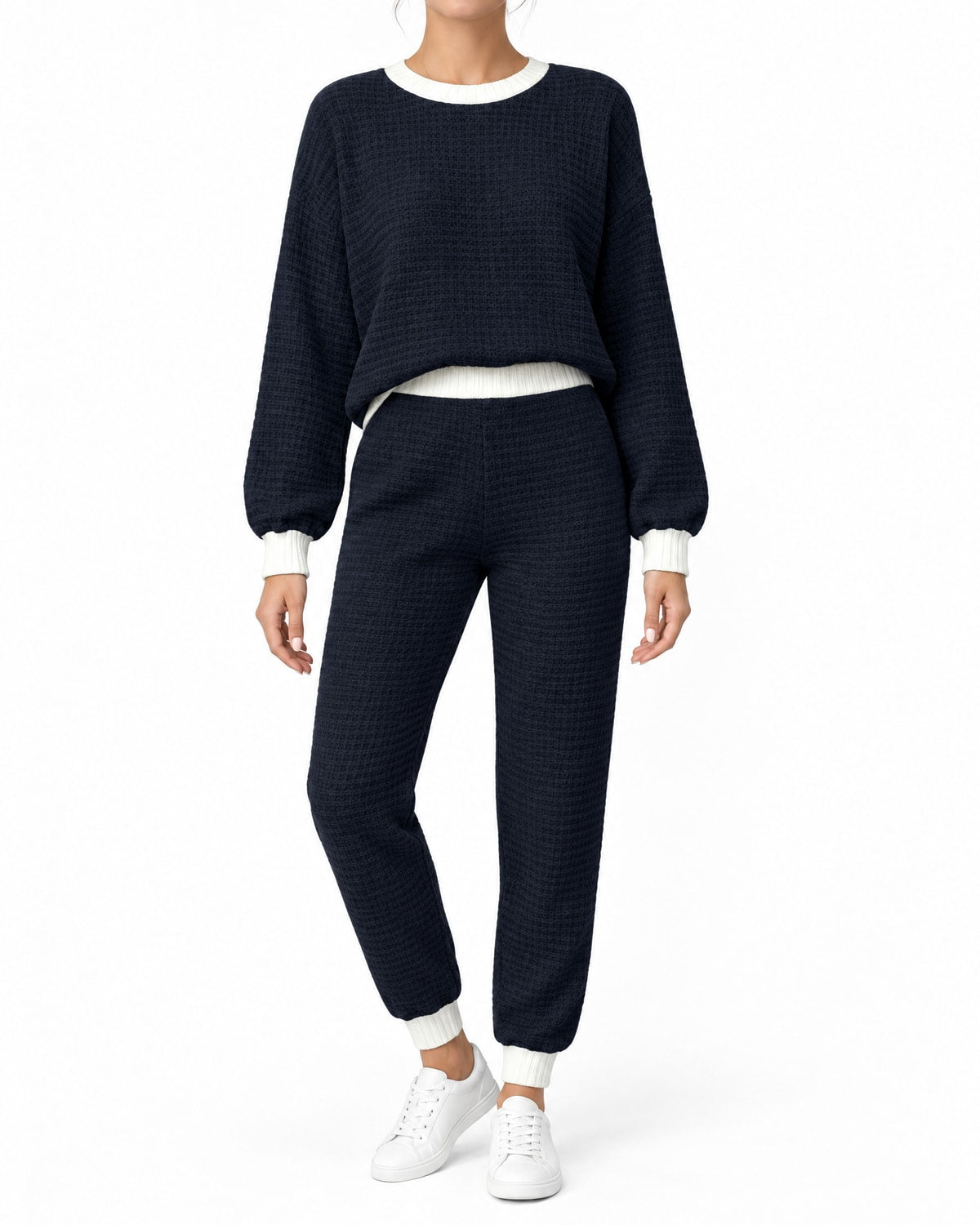 Women's Textured Jumper and Jogger Set with Contrast Trim