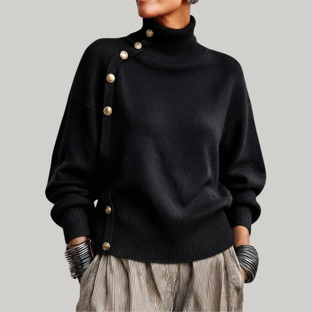 Women's Turtleneck Jumper with Diagonal Buttons and Long Sleeves