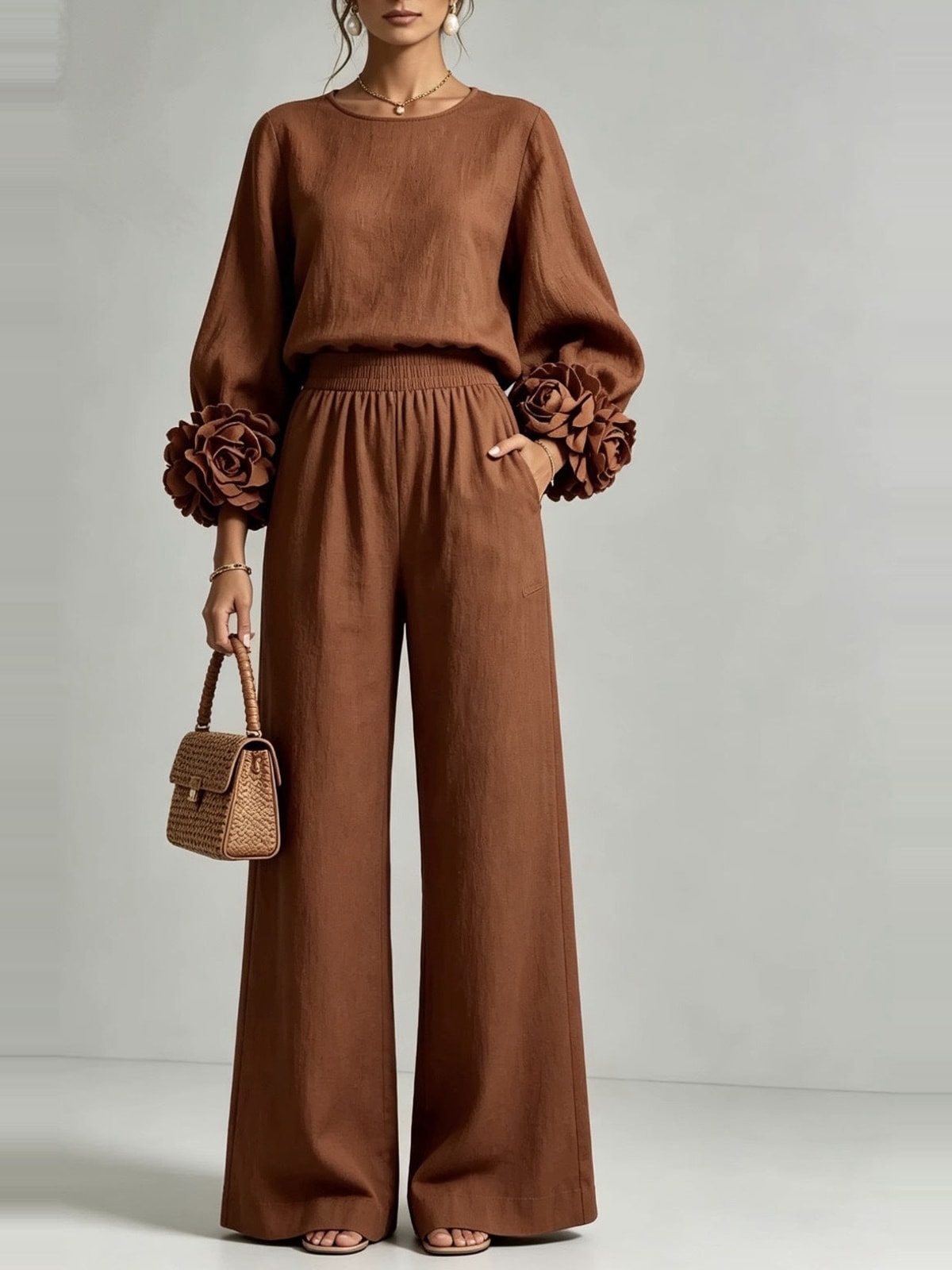 Women's Two Piece Set with Floral Cuffs and Wide Leg Trousers
