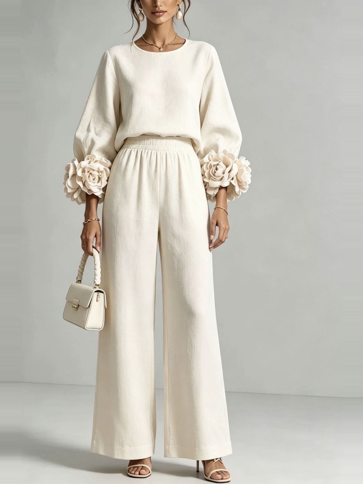 Women's Two Piece Set with Floral Cuffs and Wide Leg Trousers