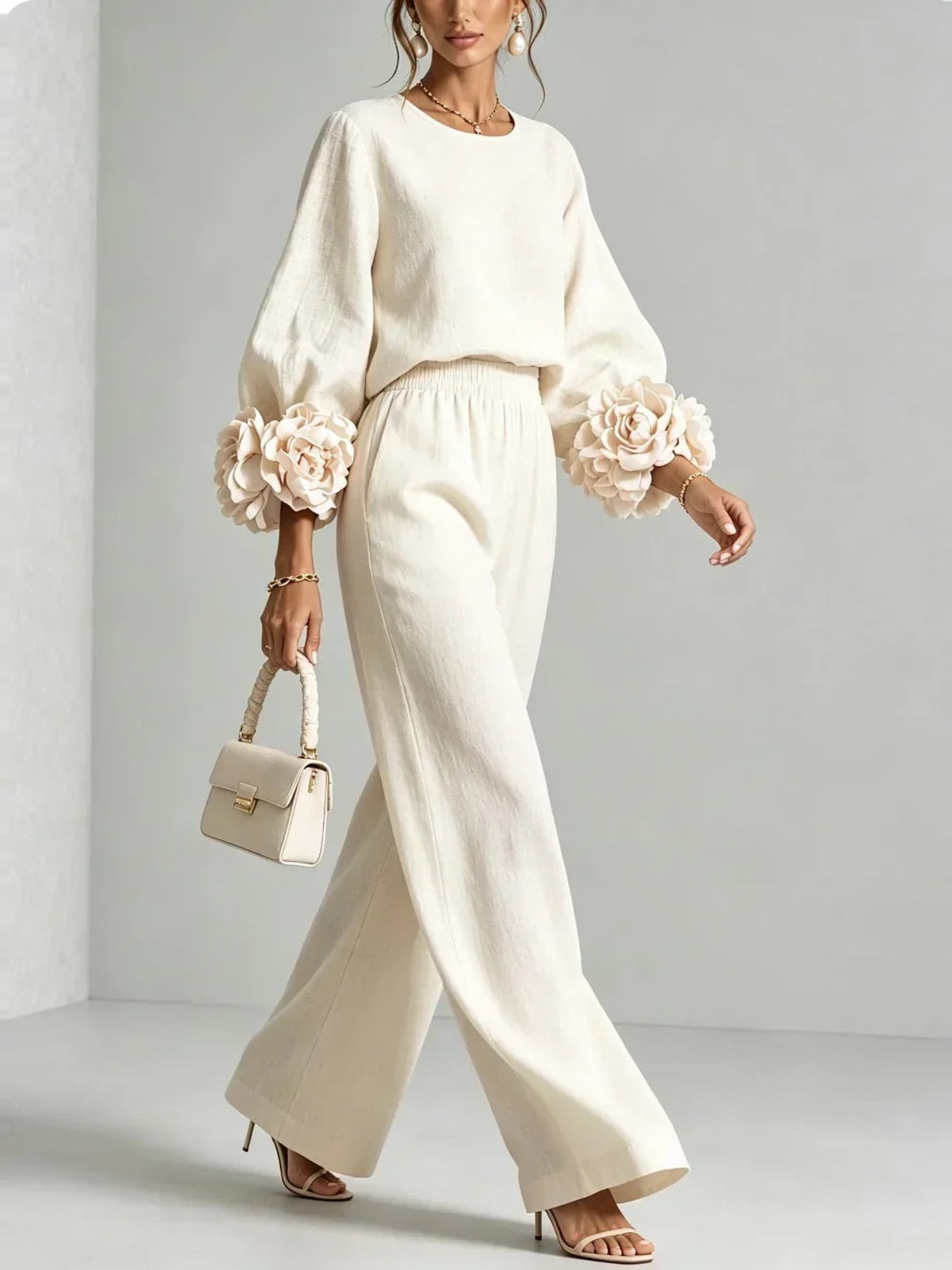 Women's Two Piece Set with Floral Cuffs and Wide Leg Trousers