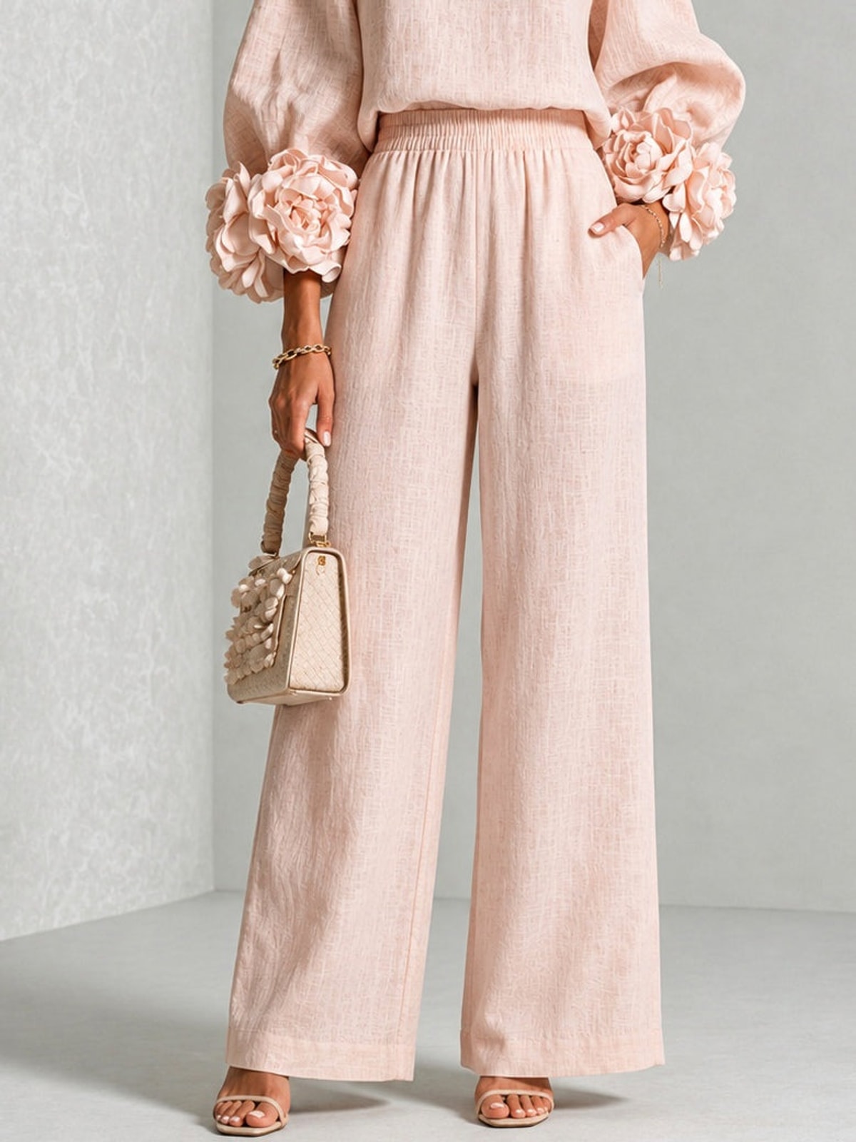 Women's Two Piece Set with Floral Cuffs and Wide Leg Trousers