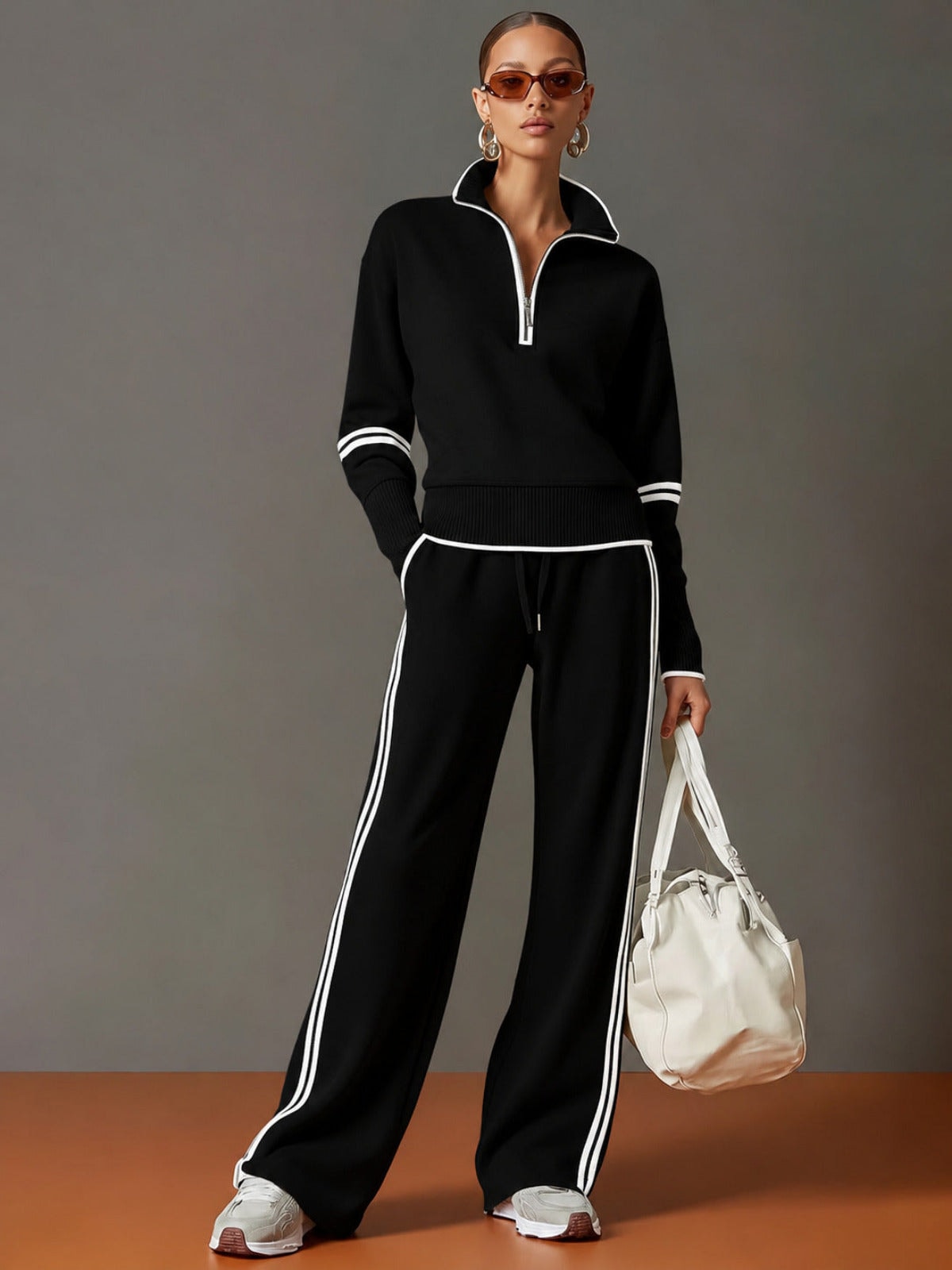 Women's Two Piece Set with Half-Zip Top and Wide Leg Trousers
