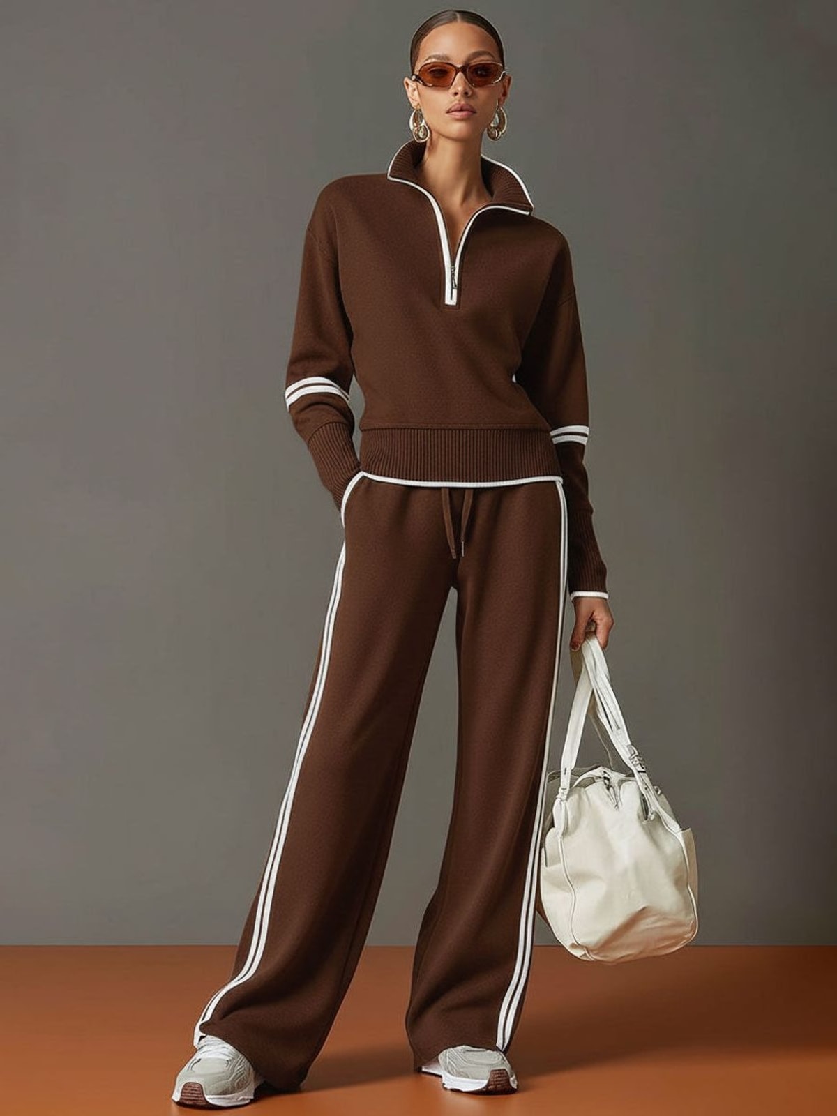 Women's Two Piece Set with Half-Zip Top and Wide Leg Trousers