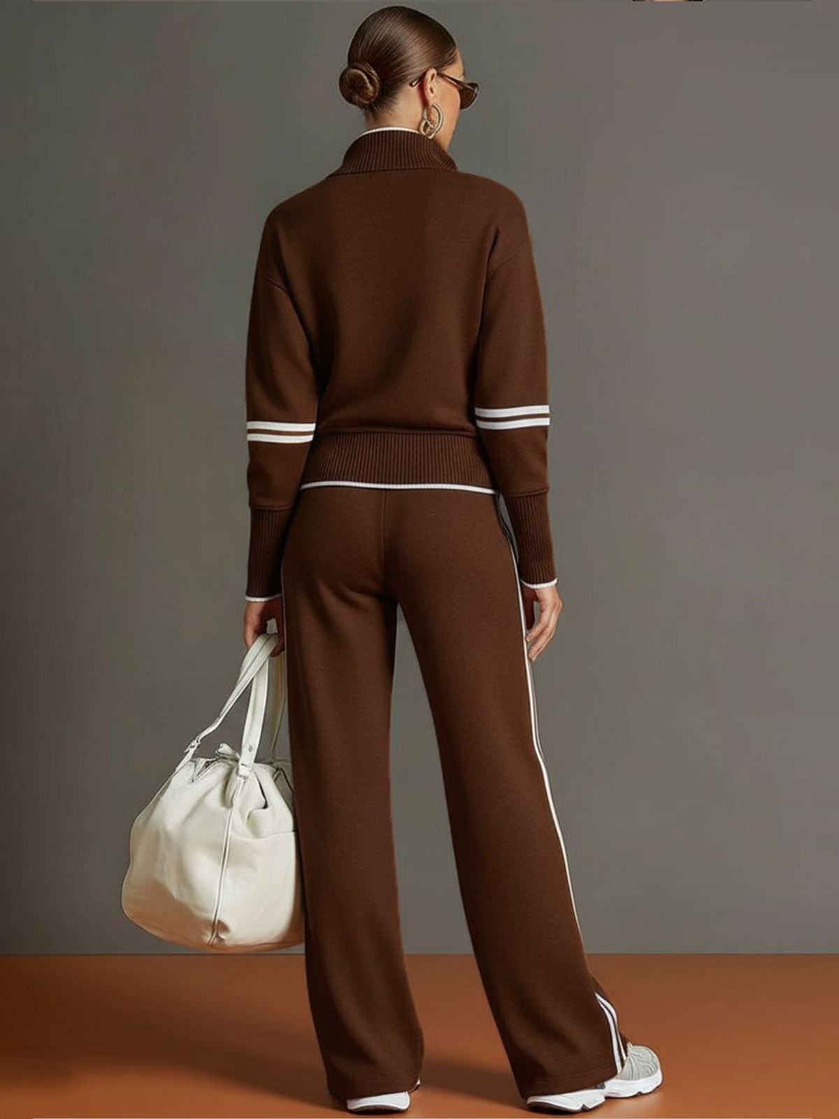 Women's Two Piece Set with Half-Zip Top and Wide Leg Trousers