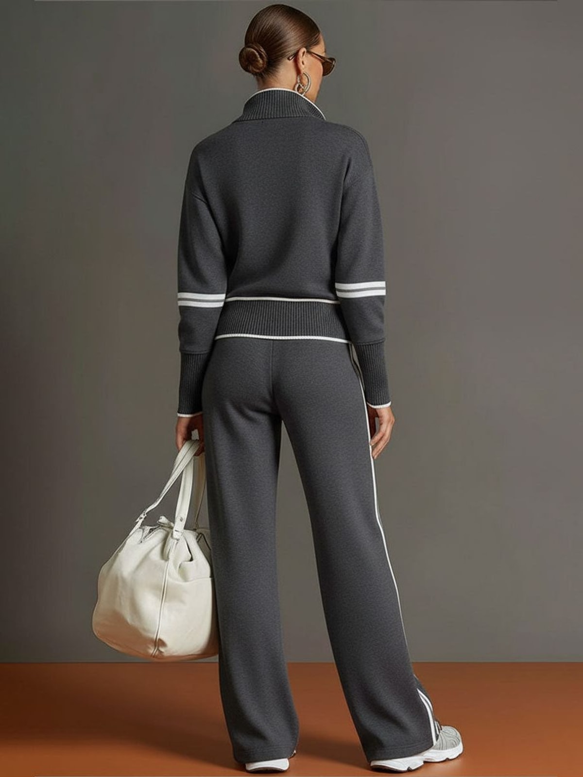 Women's Two Piece Set with Half-Zip Top and Wide Leg Trousers