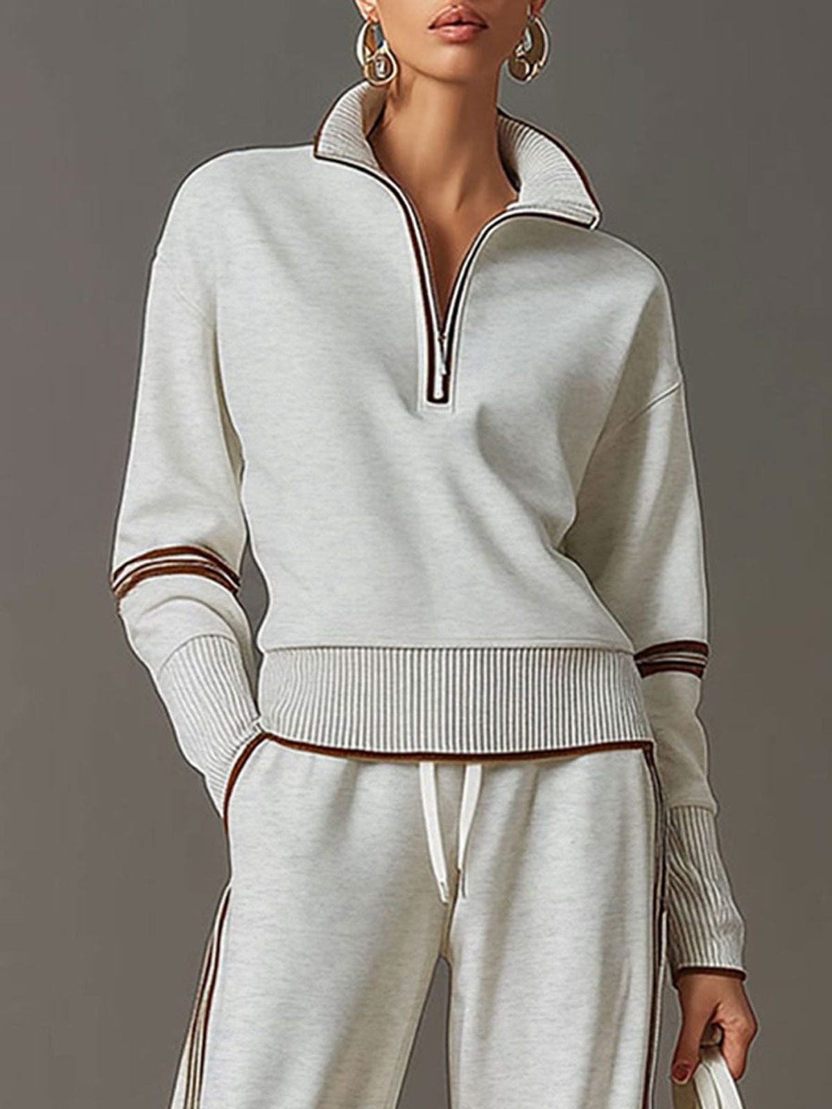 Women's Two Piece Set with Half-Zip Top and Wide Leg Trousers