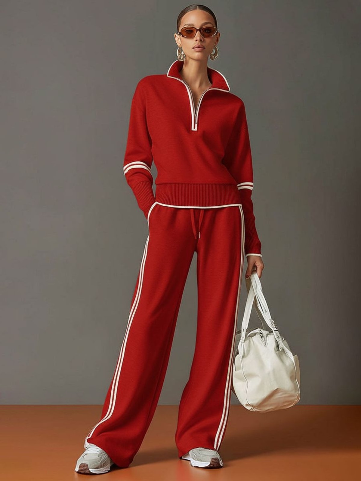 Women's Two Piece Set with Half-Zip Top and Wide Leg Trousers