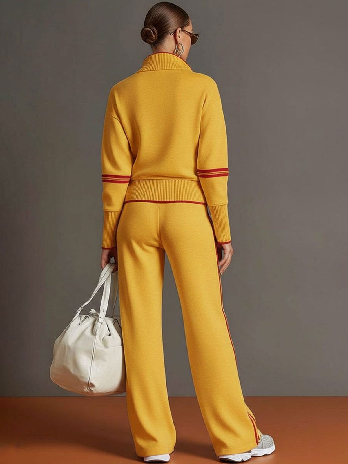 Women's Two Piece Set with Half-Zip Top and Wide Leg Trousers