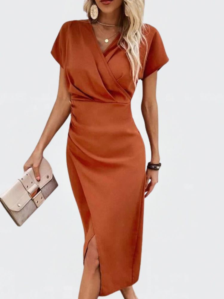 Wrap Midi Dress with V-Neck and Side Split