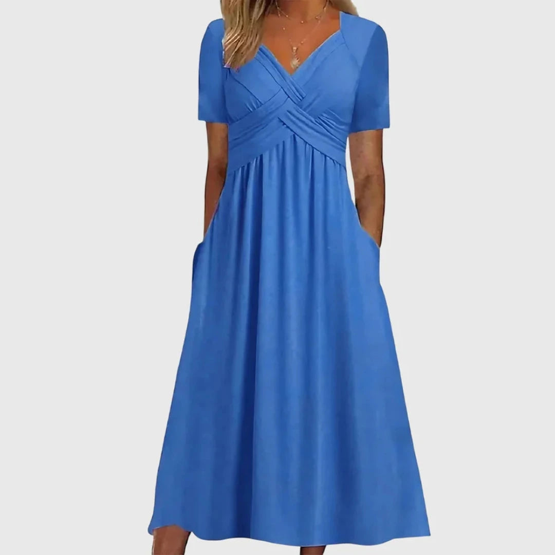 A-Line Summer Midi Dress Side Pockets and Cross Detail