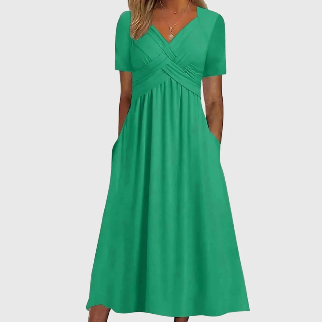 A-Line Summer Midi Dress Side Pockets and Cross Detail