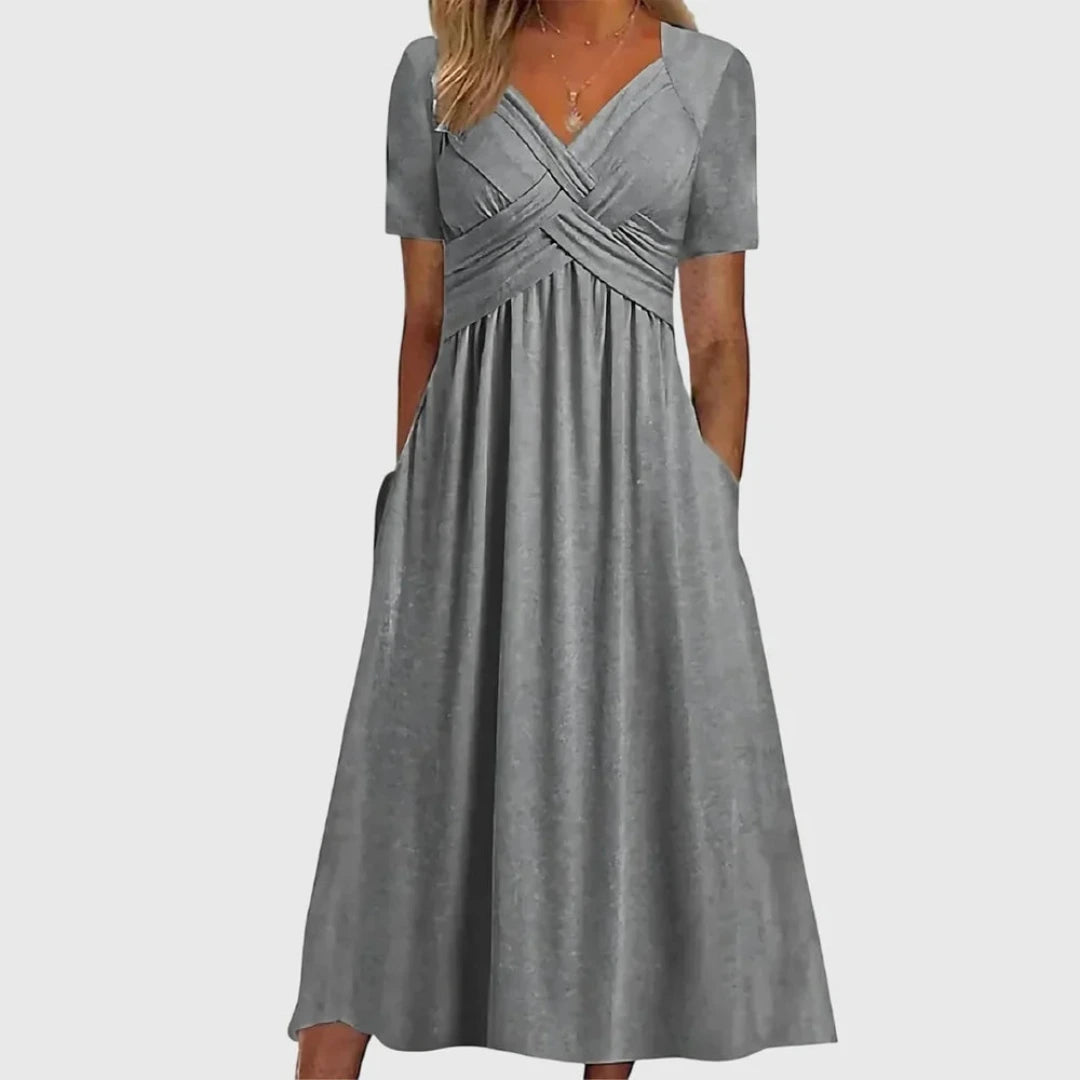 A-Line Summer Midi Dress Side Pockets and Cross Detail