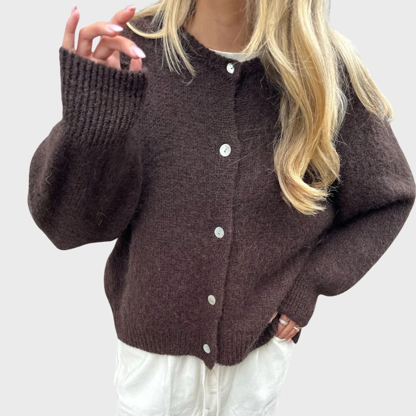 Button Closure Knit Cardigan with Round Neckline for Women