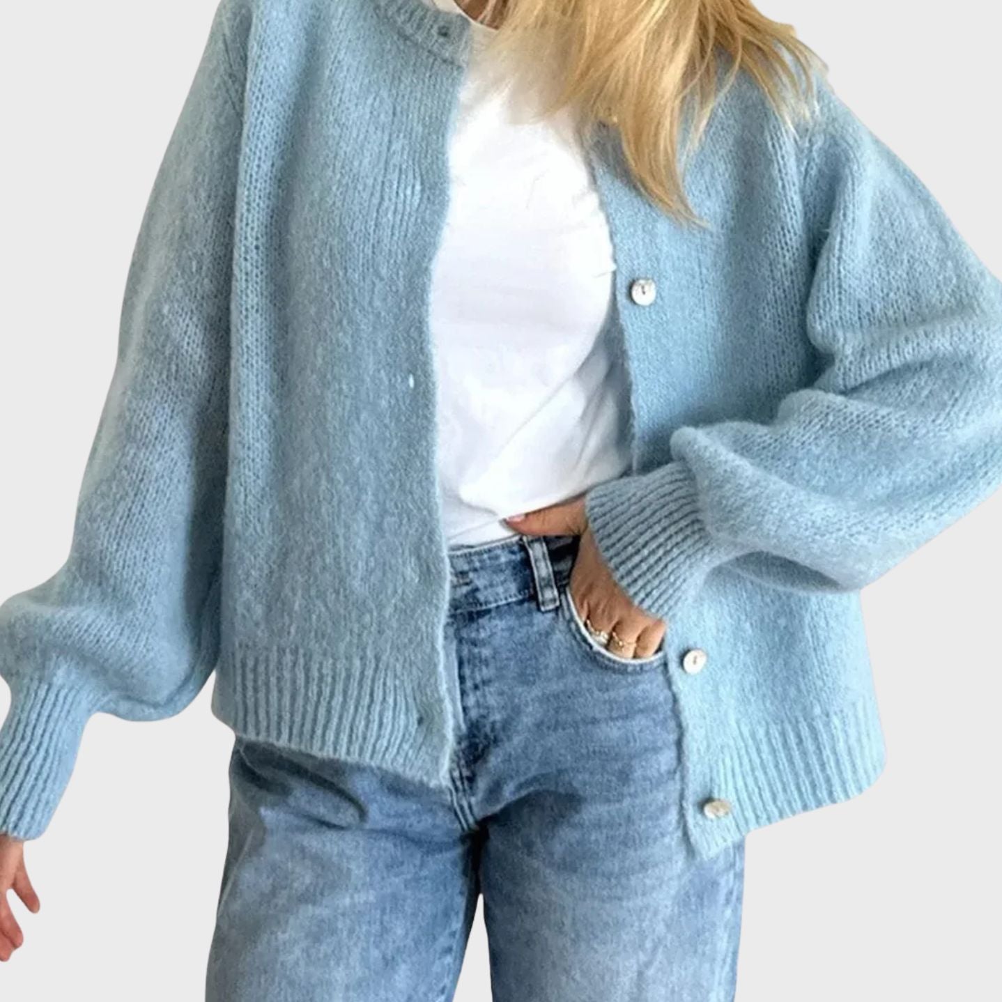 Button Closure Knit Cardigan with Round Neckline for Women