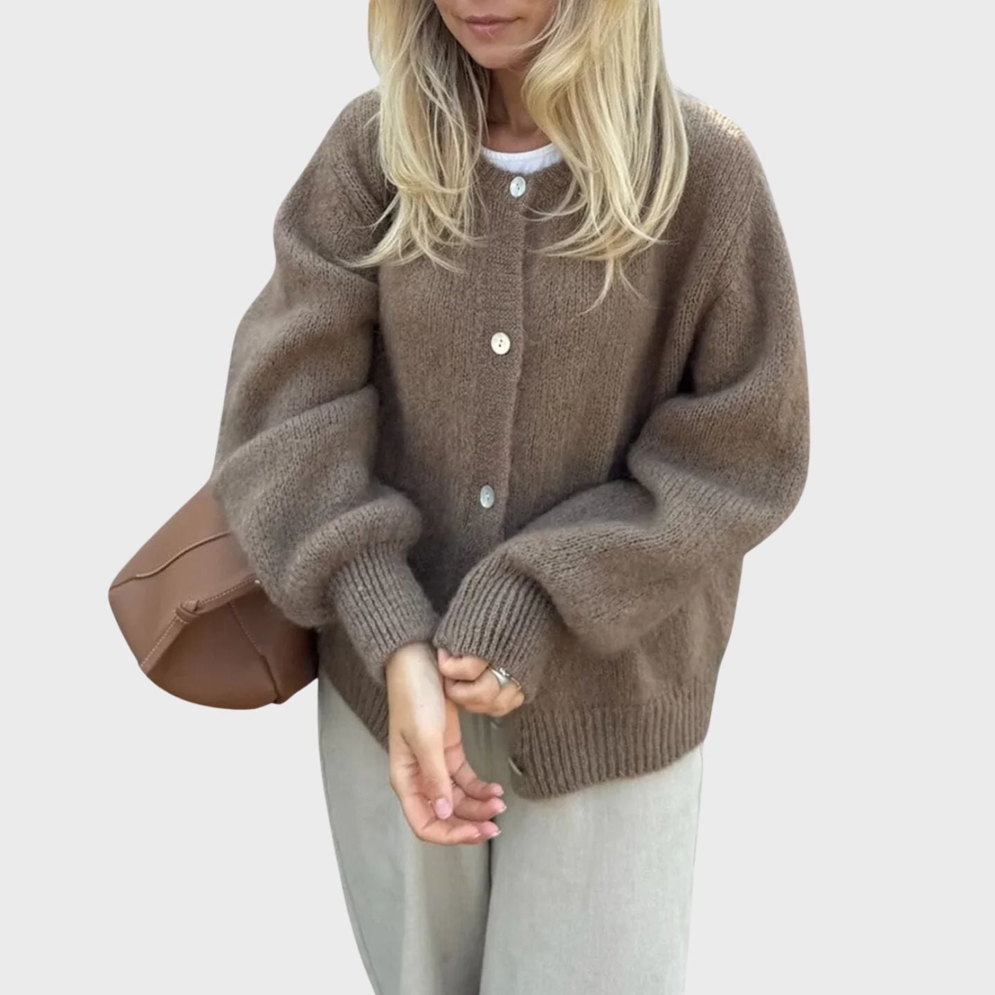 Button Closure Knit Cardigan with Round Neckline for Women