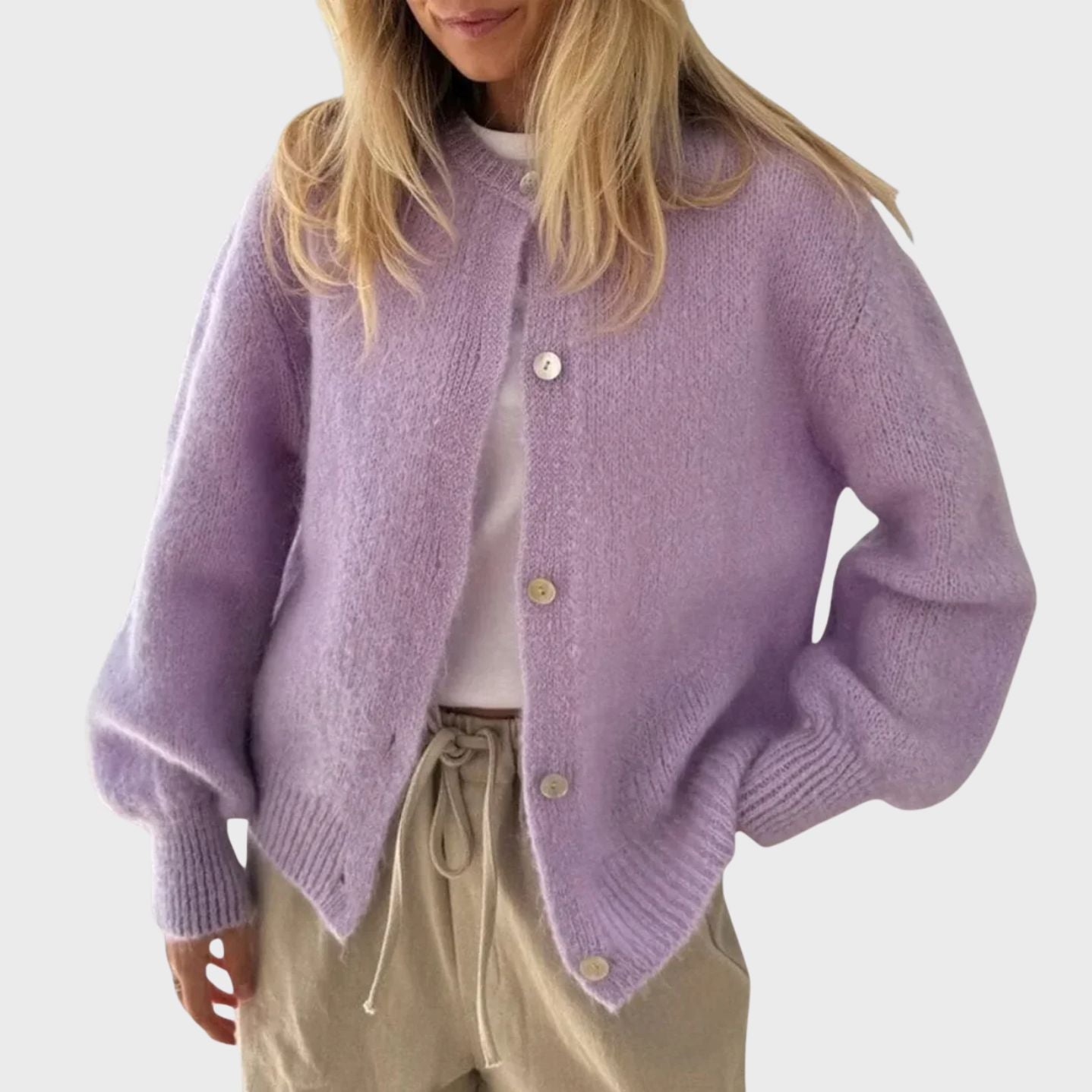 Button Closure Knit Cardigan with Round Neckline for Women