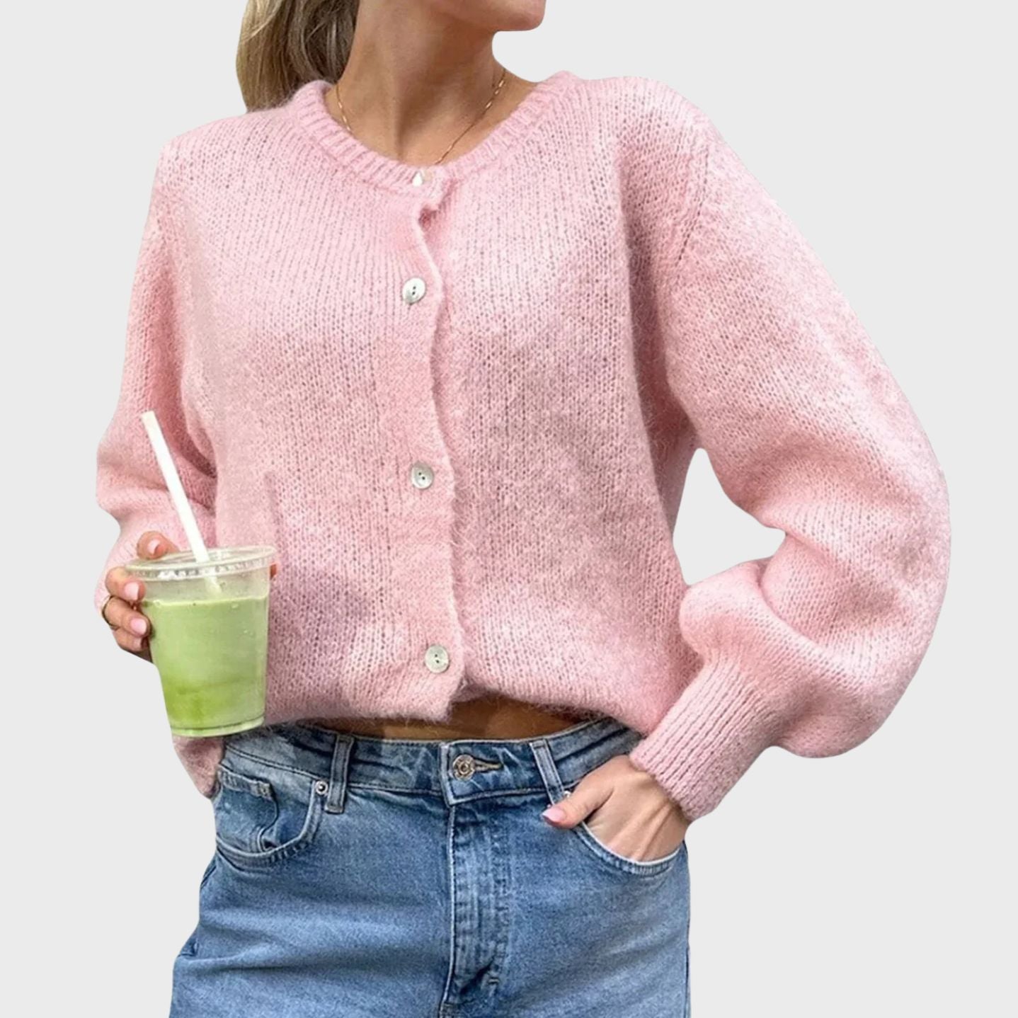 Button Closure Knit Cardigan with Round Neckline for Women