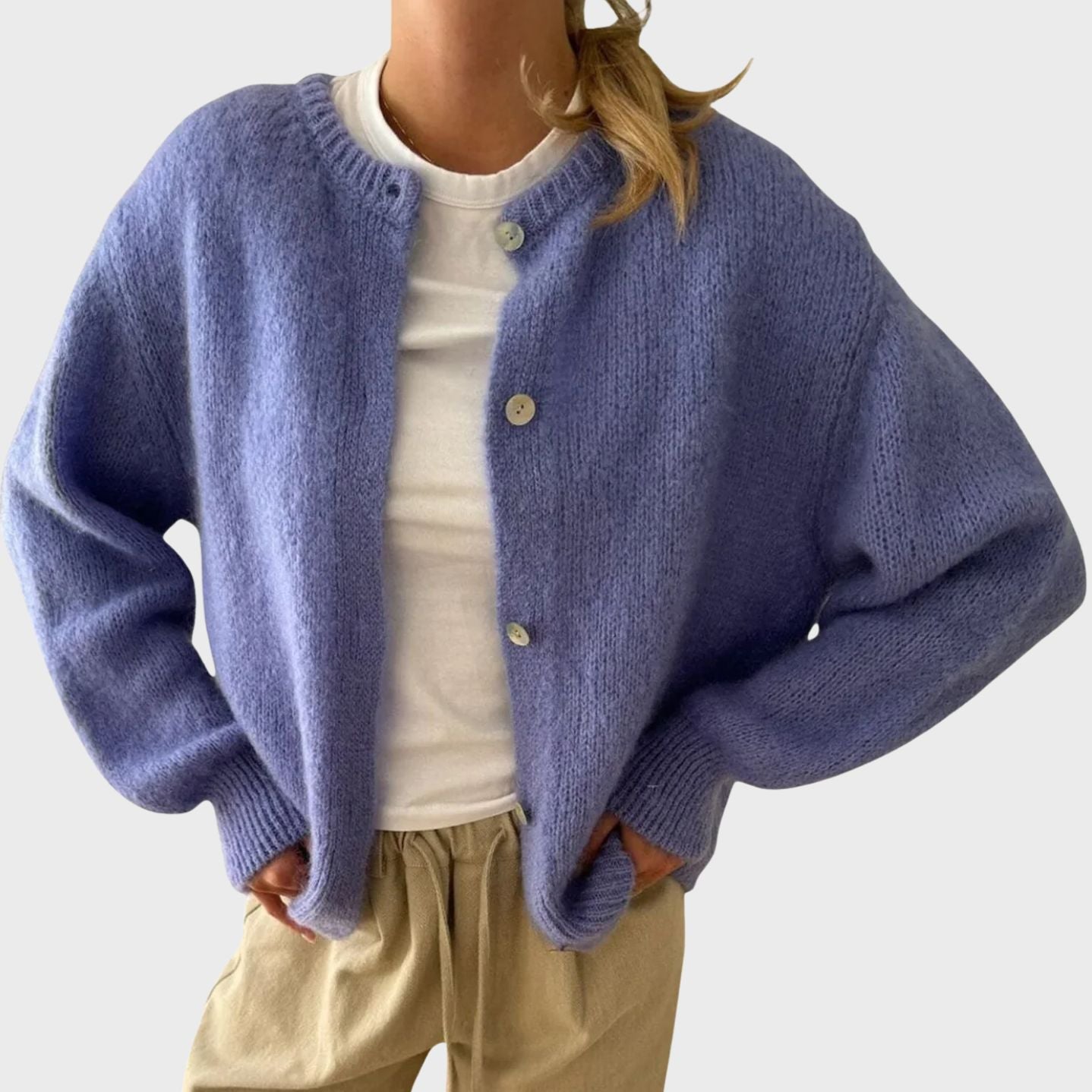 Button Closure Knit Cardigan with Round Neckline for Women
