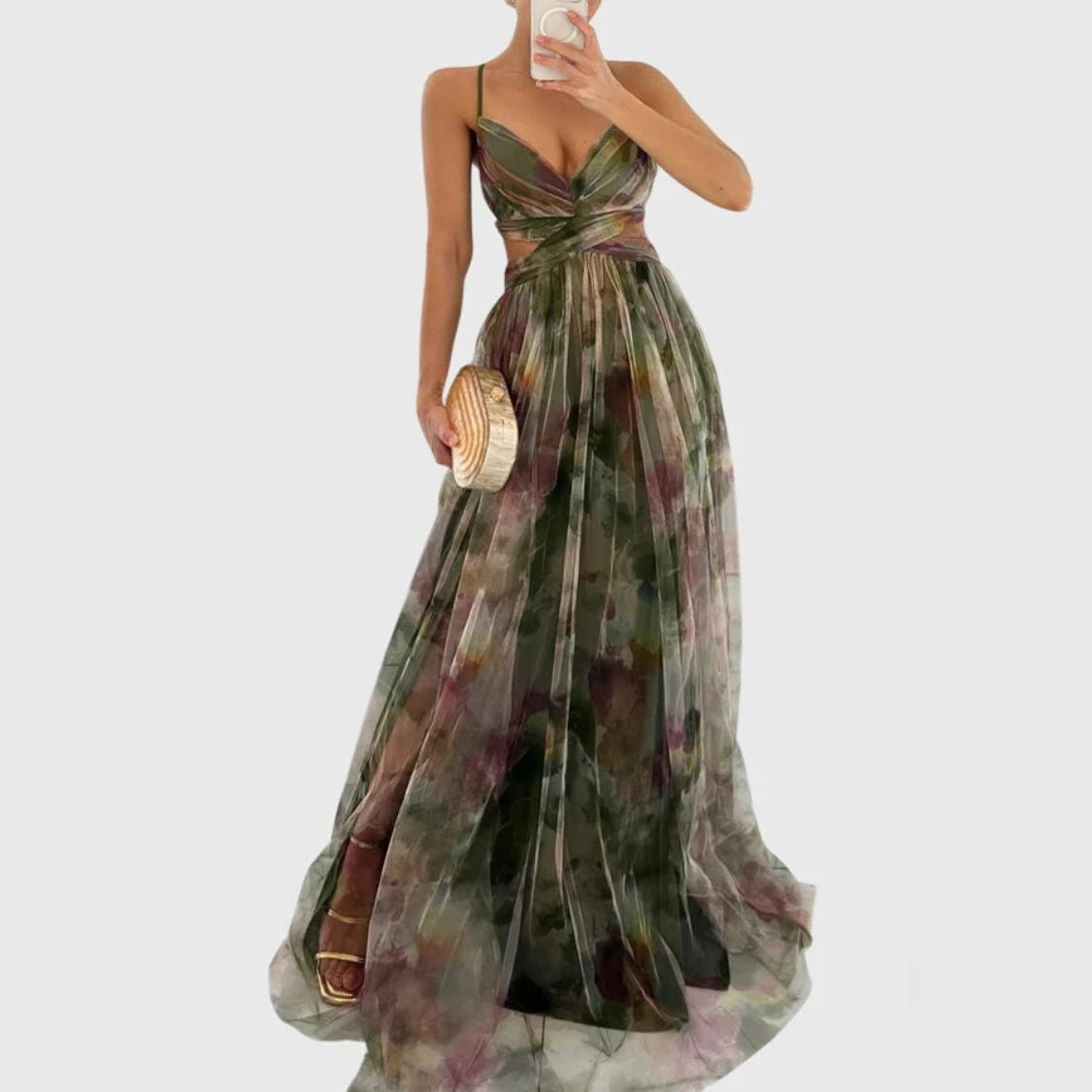 Floral Print Maxi Dress with Spaghetti Straps and Pleated Skirt