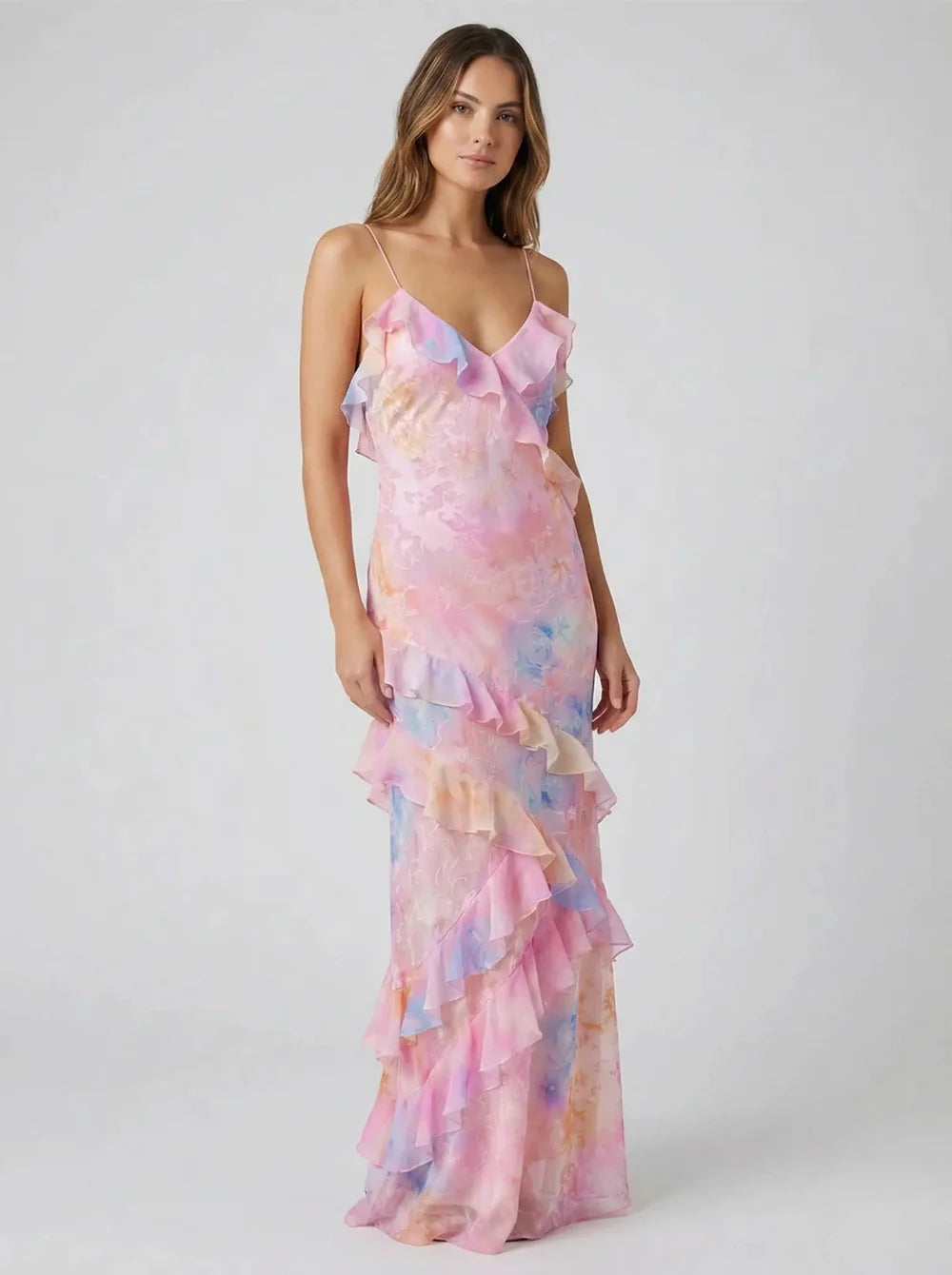 Floral Print Maxi Summer Dress with Ruffles