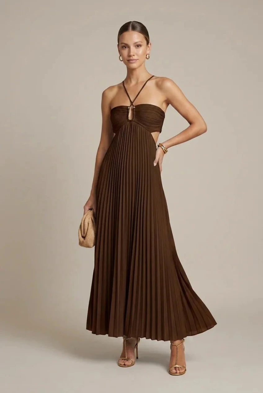Halter Neck Pleated Maxi Dress with Cut Out Detail and Tie Back