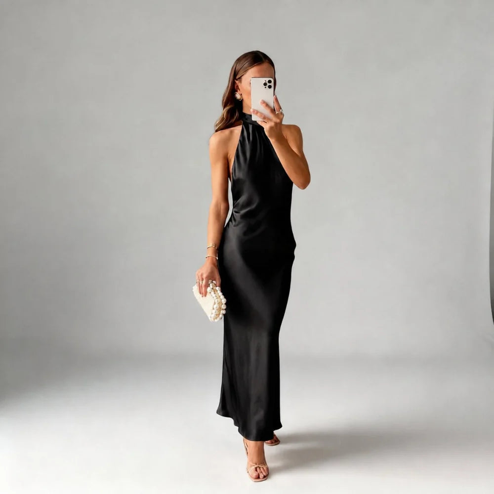 Halterneck Satin Look Maxi Dress with Open Back