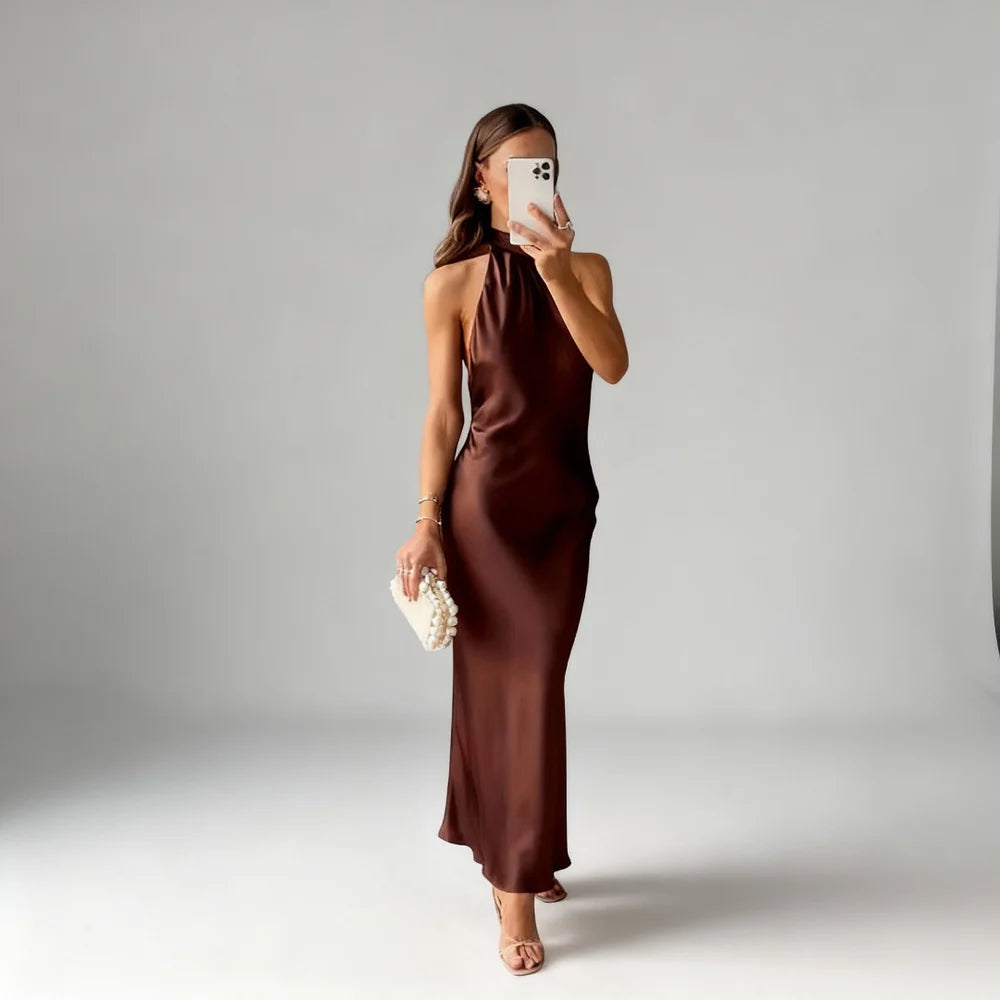 Halterneck Satin Look Maxi Dress with Open Back
