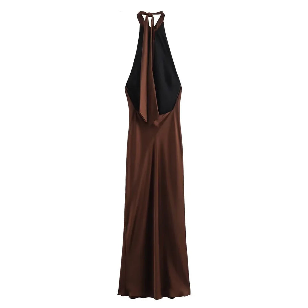 Halterneck Satin Look Maxi Dress with Open Back