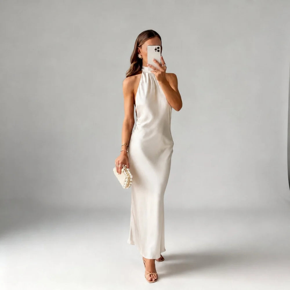 Halterneck Satin Look Maxi Dress with Open Back