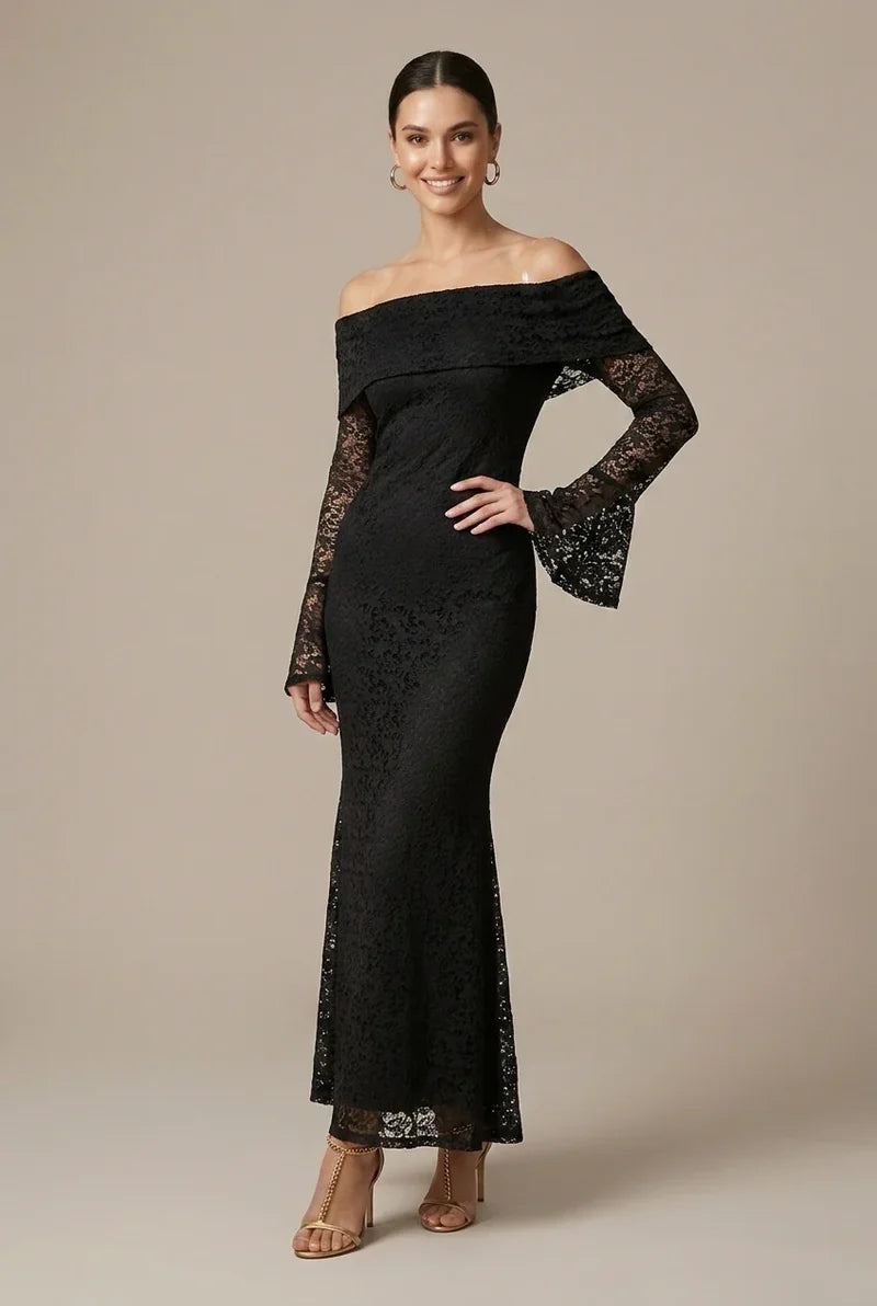 Lace Maxi Dress with Off Shoulder Neckline and Flared Sleeves