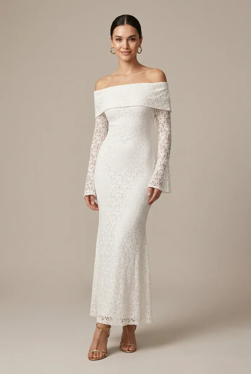 Lace Maxi Dress with Off Shoulder Neckline and Flared Sleeves