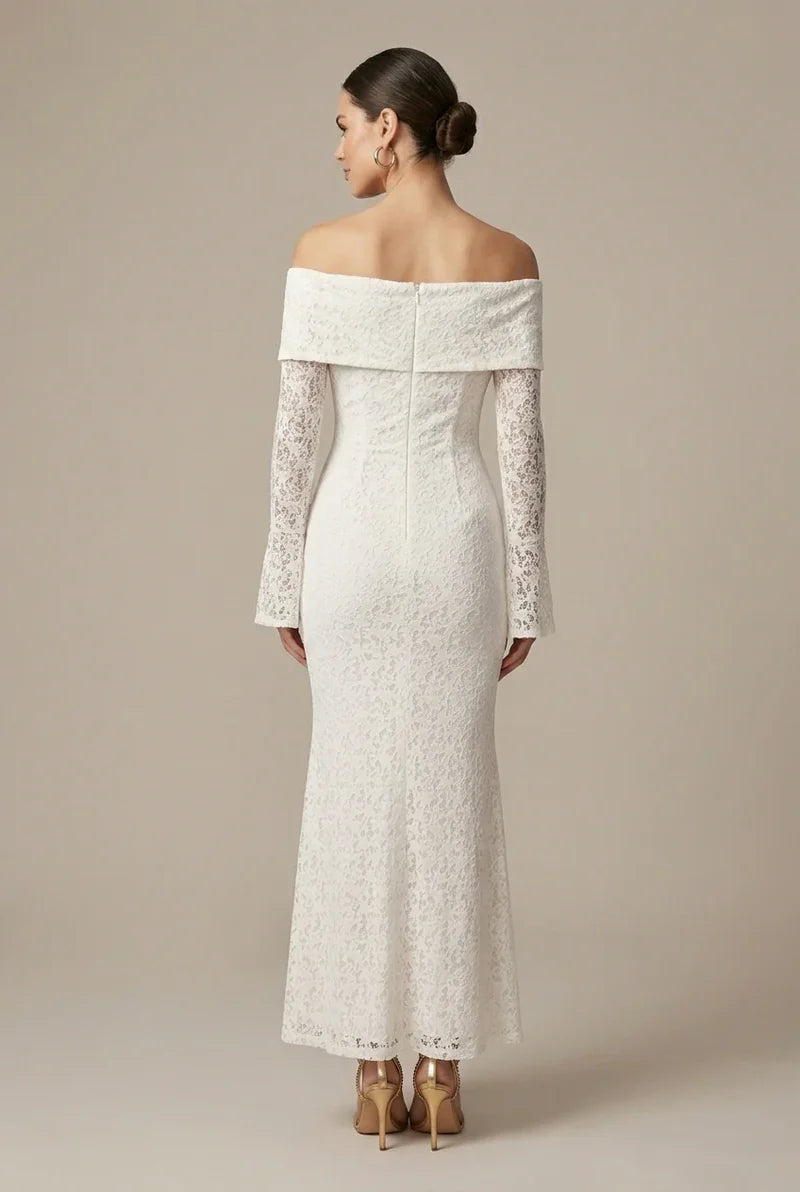 Lace Maxi Dress with Off Shoulder Neckline and Flared Sleeves