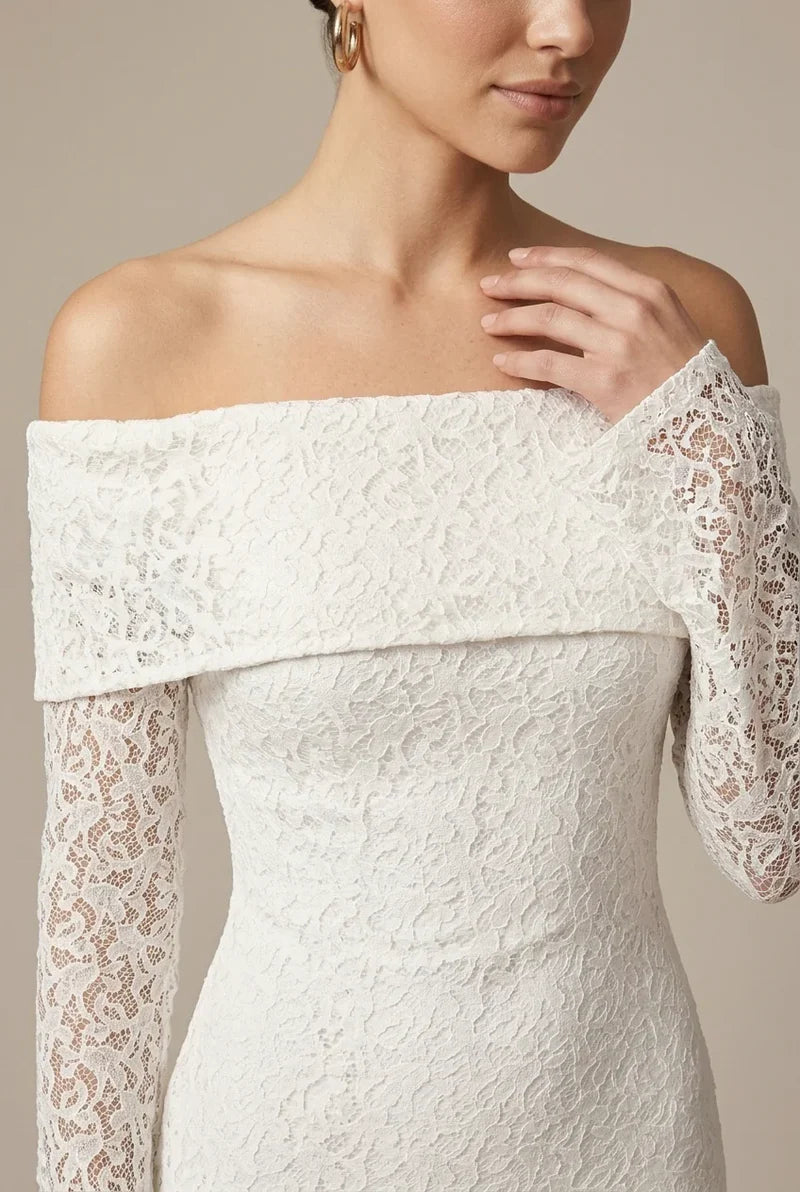 Lace Maxi Dress with Off Shoulder Neckline and Flared Sleeves